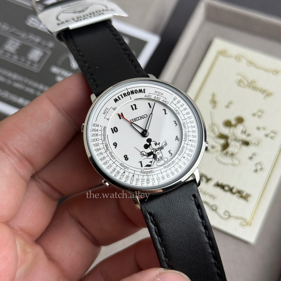 Seiko JDM Seiko Metronome - Disney Mickey Mouse Conductor Edition - SMW001D Silver Case Black Leather Strap - Yamano Gakki Japan Exclusive - Limited Edition 500pcs