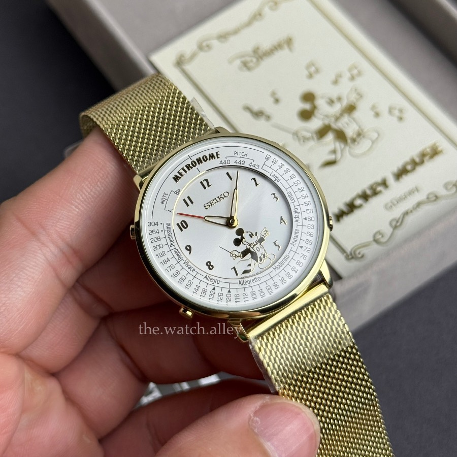 Seiko JDM Seiko Metronome - Disney Mickey Mouse Conductor Edition - SMW004D Gold-Tone Mesh Stainless Steel Bracelet - Yamano Gakki Japan Exclusive - Limited Edition 100pcs
