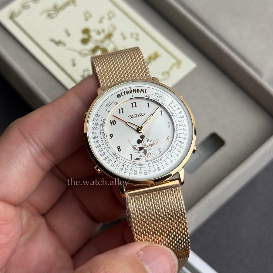 Seiko JDM Seiko Metronome - Disney Mickey Mouse Conductor Edition - SMW005D Pink Gold-Tone Mesh Stainless Steel Bracelet - Yamano Gakki Japan Exclusive - Limited Edition 100pcs